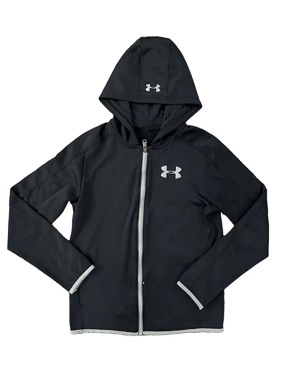 Juniors Boys Under Armour Size Youth Extra Large Black Zip Up Hooded Jacket Logo